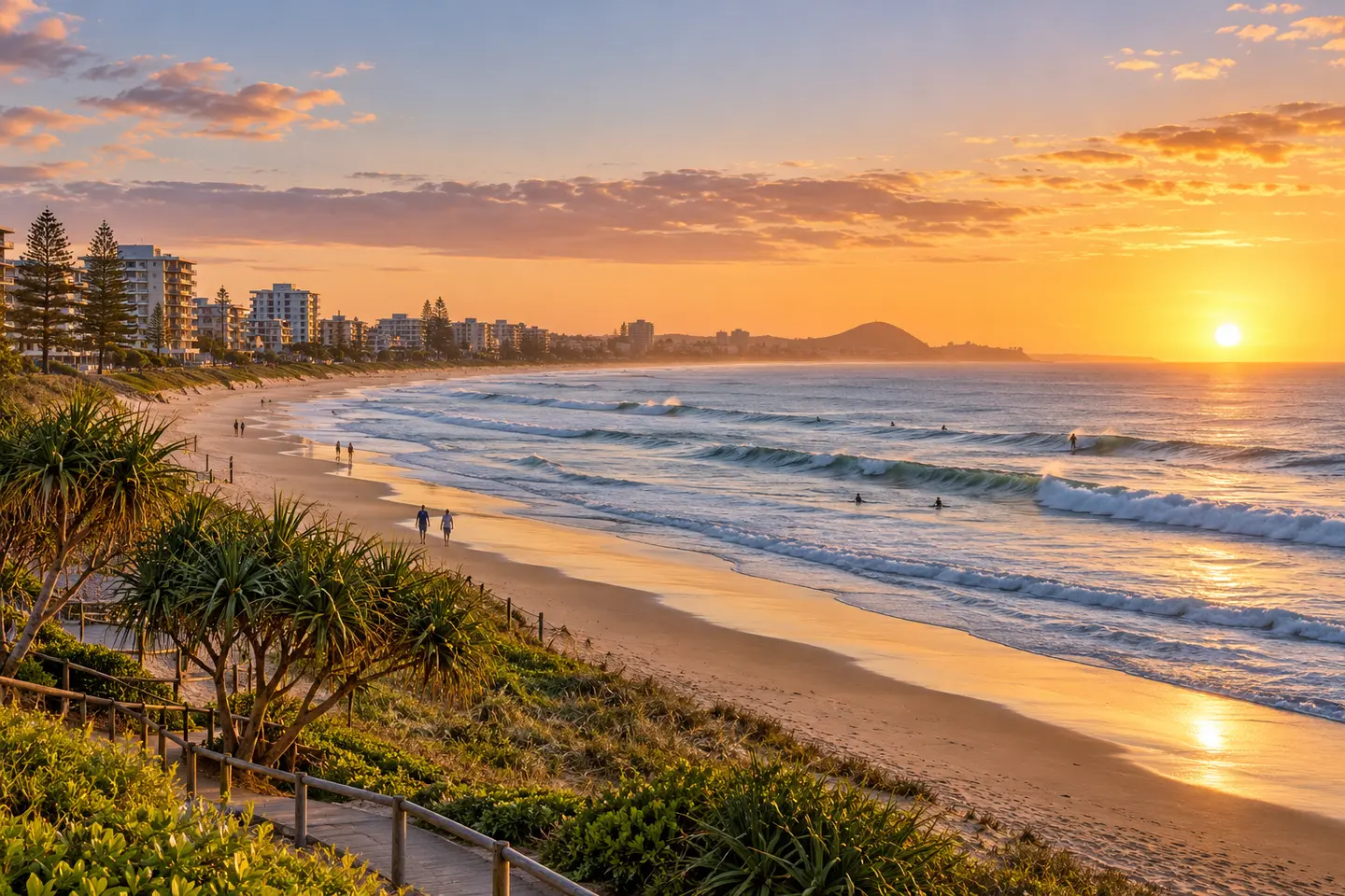 Sunrise over Maroochydore Beach and its beachfront skyline