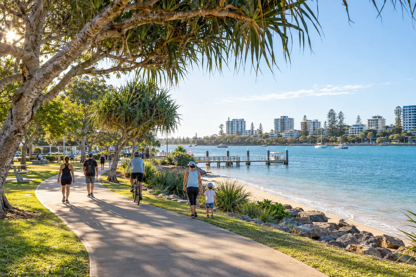 Walkers and cyclists beside the Maroochy River at Cotton Tree