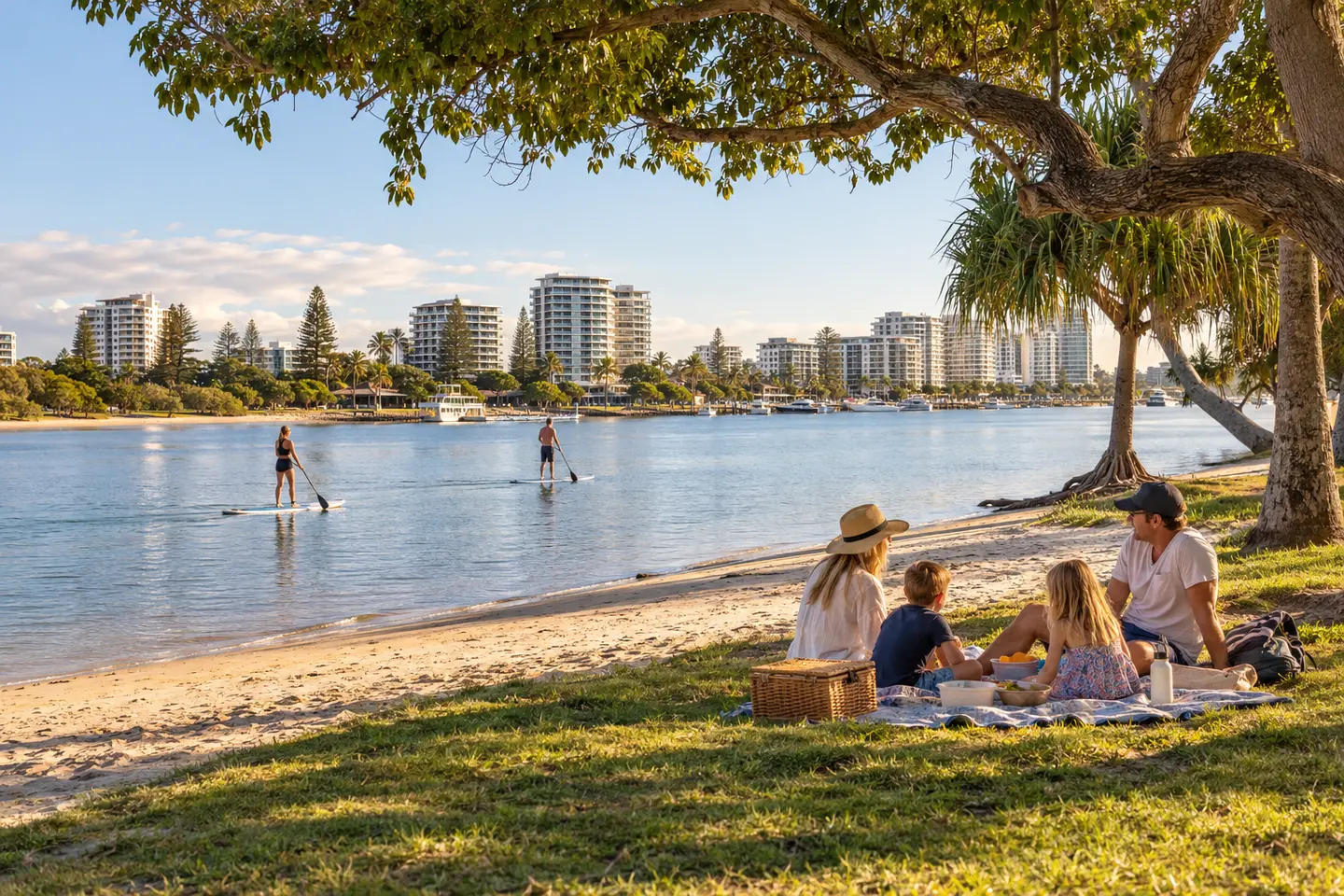Family picnic and paddleboarders beside the Maroochy River at Cotton Tree