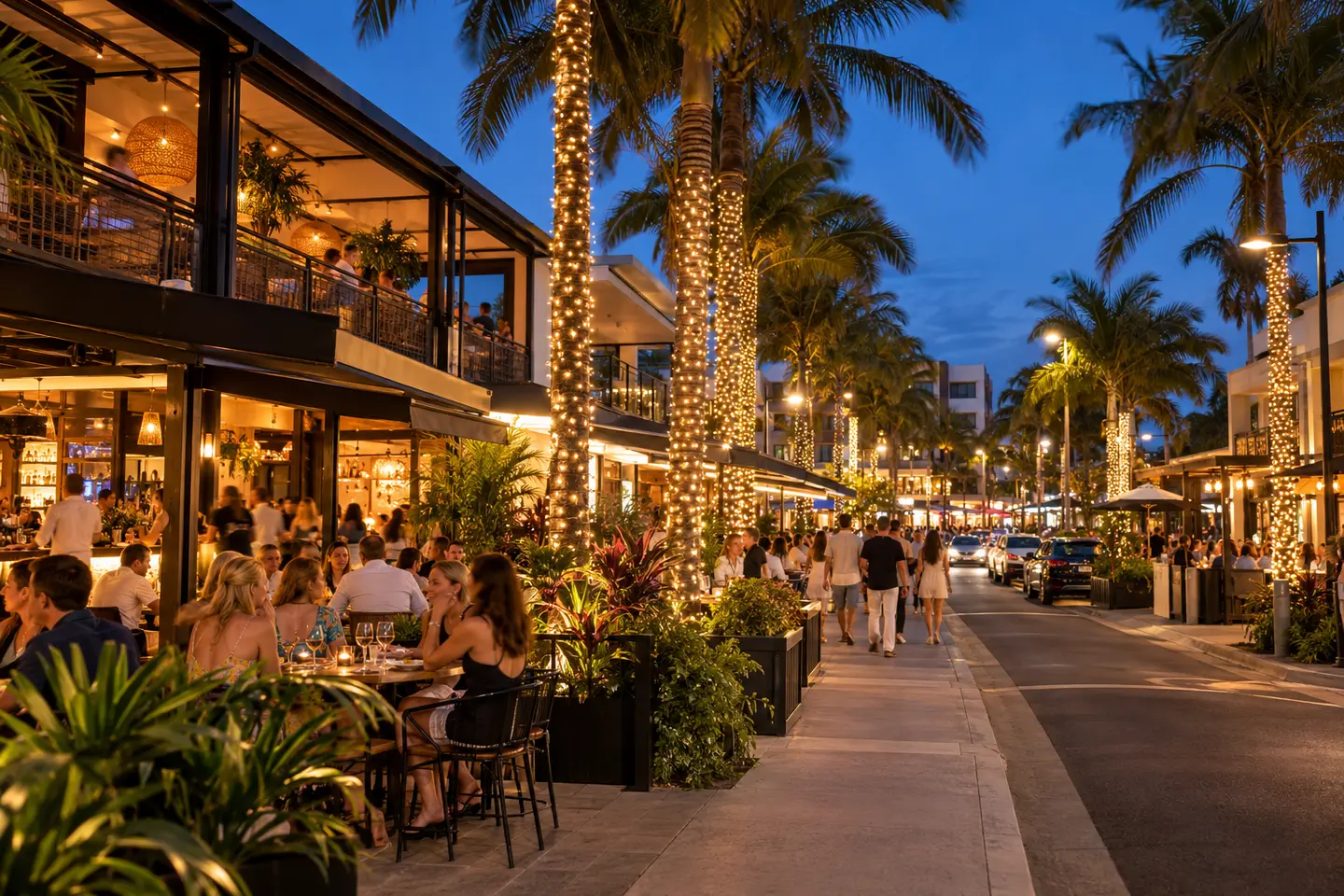 Evening dining beneath illuminated palms in the Ocean Street precinct